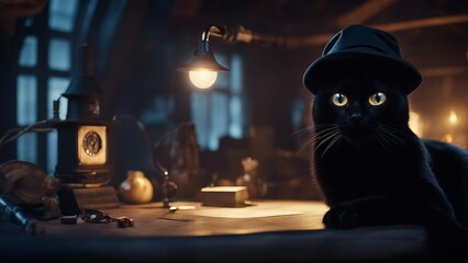 cat in the window A humorous black cat with eyes shining in the dark, wearing a  hat  