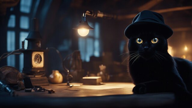 cat in the window A humorous black cat with eyes shining in the dark, wearing a  hat  