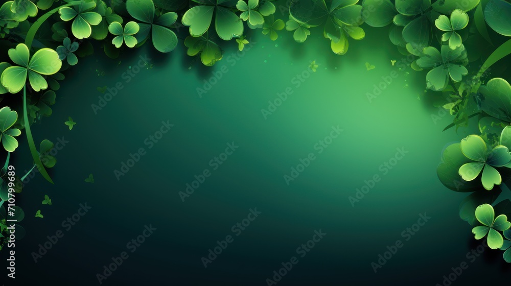Poster a green and black background with clovers on the left side of the image and a green background with 