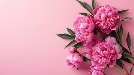 a bouquet of peonies on a pink background, presenting the perfect concept for Mother's Day, Valentine's Day, and birthday celebrations, with copy space is ideal for a greeting card.