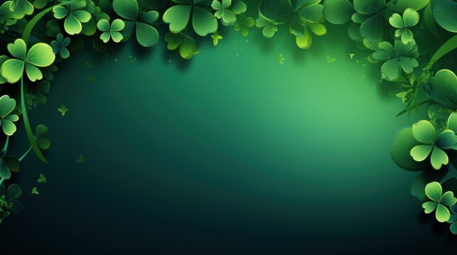  a green and black background with clovers on the left side of the image and a green background with clovers on the right side of the left side of the image.