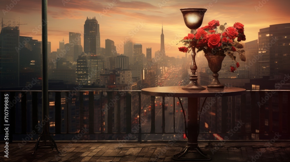 Poster a table with a vase of flowers on top of it in front of a cityscape with a street light.
