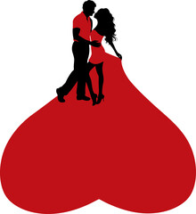 Silhouette of a man holding a woman. Red heart on a background.