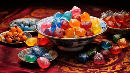  a bowl of gummy bears sitting on a table next to other bowls of gummy bears on a table.