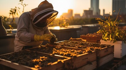 Beekeepers harvesting golden honey.

