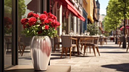 Fototapeta na wymiar a vase filled with red flowers sitting on top of a window sill next to tables and chairs on a sidewalk.