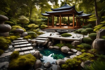 A Zen-inspired luxury outdoor garden with serene water features, stone pathways, and a meditation pavilion surrounded by lush greenery. - obrazy, fototapety, plakaty
