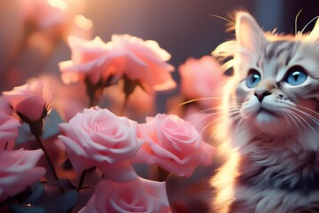 Captivating infrared art: a stunning cat amid delicate roses, blending ethereal glow, nature's beauty, and feline grace in a unique composition. Captivating infrared art. - obrazy, fototapety, plakaty