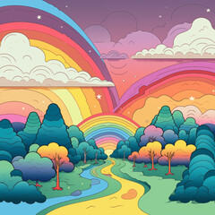 2D rainbow pastel color landscape with river, cloud. cartoon style