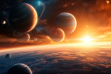 Sunrise over group of planets in space - obrazy, fototapety, plakaty
