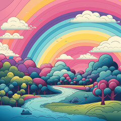 2D rainbow pastel color landscape with river, cloud. cartoon style