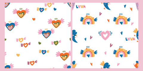 Fototapeta na wymiar Hearts with wings character, rainbow, hearts, moon with wings. Set of vector seamless pattern with hand drawn illustrations perfect for textile design, paper, scrapbooking and more