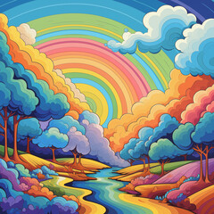 2D rainbow pastel color landscape with river, cloud. cartoon style