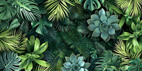 Group background of dark green tropical leaves close-up (monstera, palm, coconut leaf, fern, palm leaf, banana leaf). Natural foliage texture. Flat layout. Tropical nature concept - obrazy, fototapety, plakaty