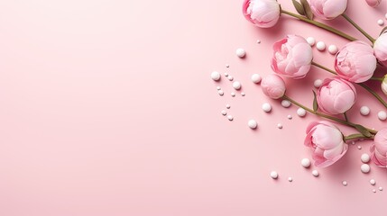 Obraz na płótnie Canvas the Women's Day concept, showcasing pink peony rose buds and sprinkles arranged on an isolated pastel pink background with copyspace, a minimalist modern style for a visually appealing scene.
