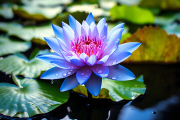 Blue Lotus Blossoms in Full Bloom on Tranquil Pond