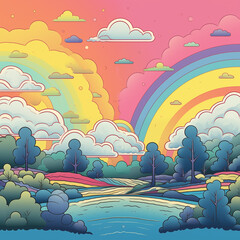 2D rainbow pastel color landscape with river, cloud. cartoon style