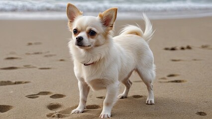 Cream long coat chihuahua dog running on the beach