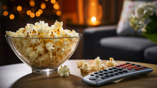 Close up of bowl of popcorn and remote control with tv works on background. Evening cozy watching a movie or TV series at home.