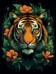 t-shirt design, an up and down stok style lg t shirt with a head of a tiger and some flowers, in the style of realistic and hyper-detailed renderings created with Generative Ai - obrazy, fototapety, plakaty