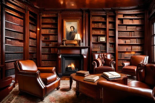 A cozy yet elegant library in a luxury home with rich mahogany bookshelves, leather armchairs, and a fireplace for reading by the fire.