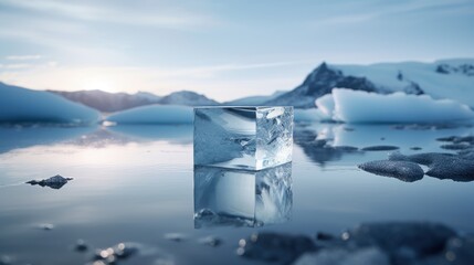 Fototapeta na wymiar an ice cube sitting in the middle of a body of water with mountains and icebergs in the background.