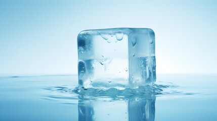  a square ice block floating on top of a body of water with drops of water on the side of it.