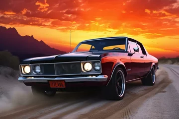 Foto op Plexiglas Classic american car on the road at sunset © Prism