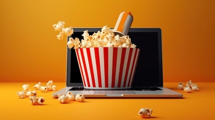  a laptop with a popcorn bucket on the screen and popcorn scattered in front of it, on an orange background.