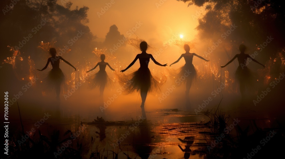 Poster a group of people standing on top of a field in front of a foggy forest filled with lots of trees.