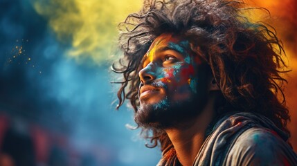 Man With Beard and Painted Face - Portrait of a Unique Individual, Holi
