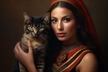 Foto op Plexiglas Portrait of beautiful young woman with cat in her arms,  Vintage style © Prism