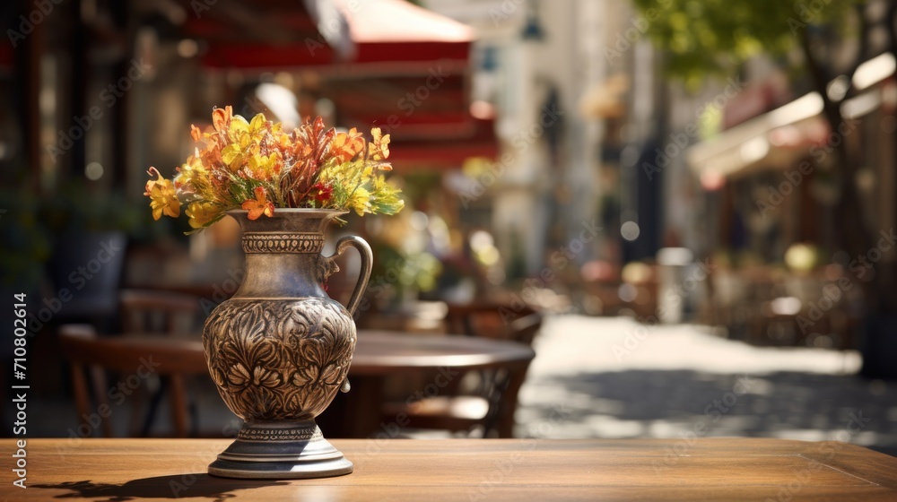 Poster a vase filled with flowers sitting on top of a wooden table next to a table with chairs and tables i