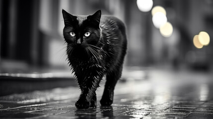 A wet black cat on the street after the rain - obrazy, fototapety, plakaty