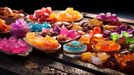  a table topped with lots of different types of candies and cupcakes on top of wooden trays.