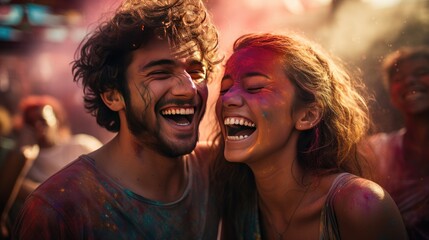 Two Women Covered in Colored Powder Smiling Happily Outdoors, Holi
