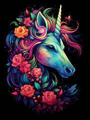 t-shirt design, the colorful unicorn head is on a black background created with Generative Ai