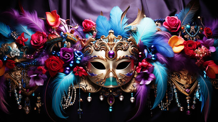 Venetian gold mask with beads and feather decoration in traditional Mardi Gras colors - purple, green, yellow - obrazy, fototapety, plakaty