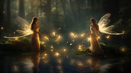  a couple of women standing next to each other in front of a body of water with sparklers in their hands. - obrazy, fototapety, plakaty
