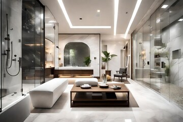 A modern living room bathroom with a spa-like vibe, complete with a steam shower, marble bench, and mood lighting.
