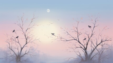  a painting of birds in a tree with the sun in the background and a foggy sky in the foreground.