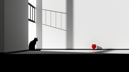 a striped cat enjoying dry feed while lying on a windowsill, portray the well-fed cat in a relaxed state, presenting a minimalist modern style scene.