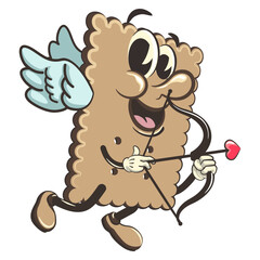 vector illustration of cute square biscuit character mascot being cupid with arrow of love, work of handmade