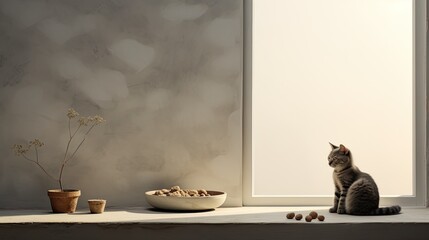 a striped cat enjoying dry feed while lying on a windowsill, portray the well-fed cat in a relaxed state, presenting a minimalist modern style scene.