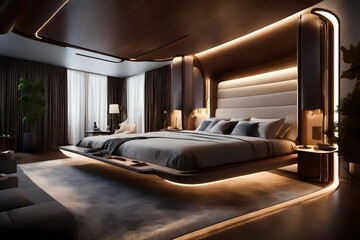 A high-tech luxury bedroom with smart lighting, an integrated entertainment system, and a voice-activated canopy bed for convenience.