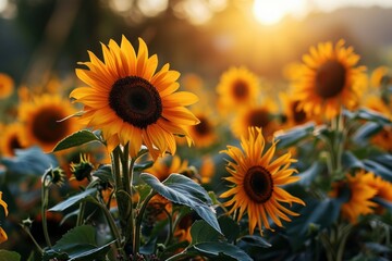 Fototapeta premium Sunflowers bloom brightly against a sunset backdrop