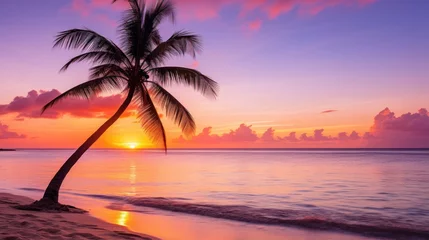 Foto op Plexiglas Sunset beach with palm tree silhouette. © Sergio Lucci
