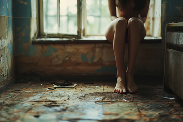 Rape, abuse, violence against a woman concept. Naked lonely unrecognizable young woman sitting on a windowsill in a dirty room - obrazy, fototapety, plakaty