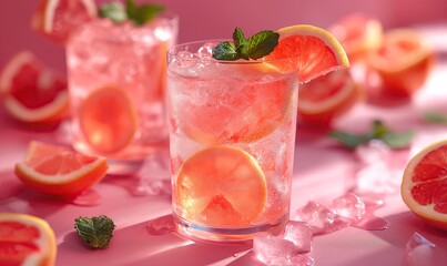 Pink background with pink transparent drink with ice.