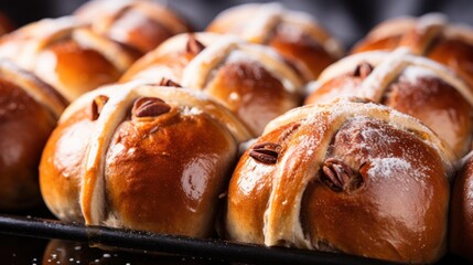  a close up of a tray of bread rolls with pecans in the middle of the rolls and pecans in the middle of the buns. - obrazy, fototapety, plakaty